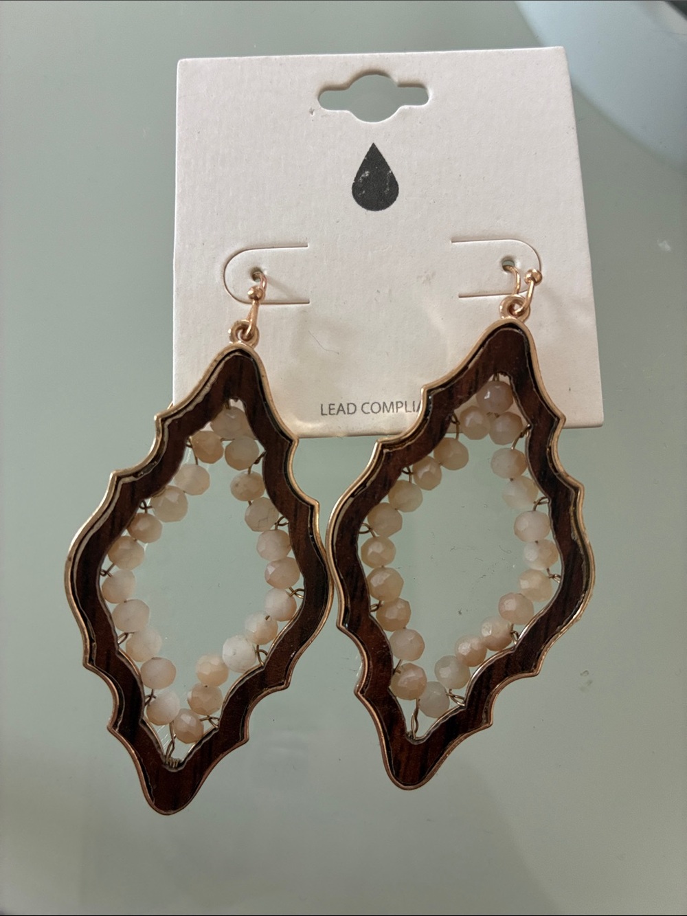 Beaded Wood Frame Statement Earrings - Cream Beads